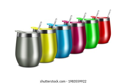 Row of colored tumbler cups with metal drinking straws, vector illustration. Vacuum insulated travel coffee mug set. Easy to recolor