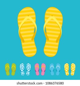 Row of colorful beach flip flops over color background. Beach sandals