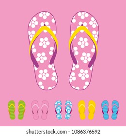 Row of colorful beach flip flops over color background. Beach sandals