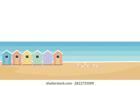Row of colorful beach huts situated on a sandy beach with seagulls and a clear ocean view under a wide open sky.