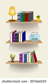 Row of colorful books, lamp, cactus, pencils and aquarium on wooden shelf, Front view of wood bookcase with group of object, vector art image illustration, isolated on white background