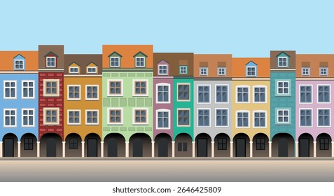 Row of colorful building facades, inspired by houses in Poznan, Poland.