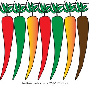 A row of colorful cartoon chili with green leafy tops