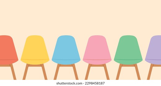 row of colorful chairs in a waiting room; diversity, recruitment, meeting concept- vector illustration