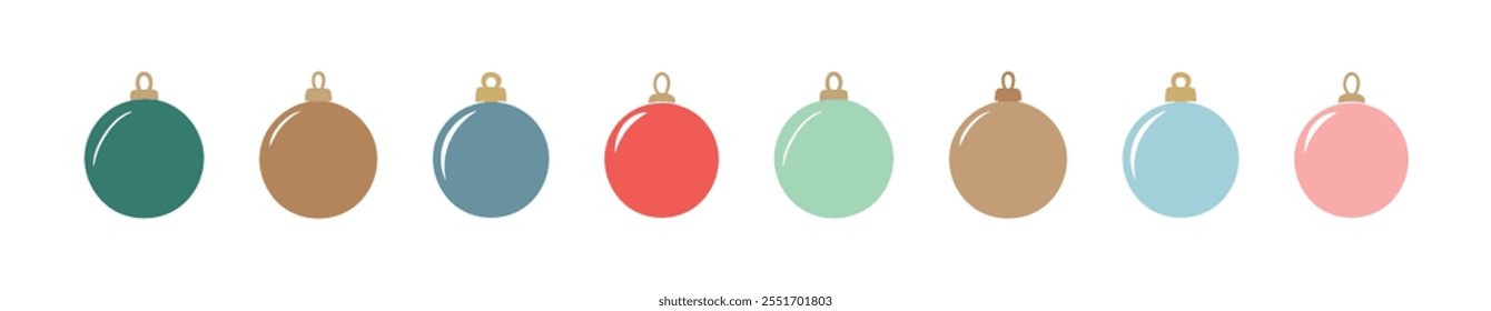 Row of colorful Christmas ornaments in a minimalist style isolated on a white background. Concept of festive holiday decoration, Christmas ornaments, baubles, simplicity, seasonal decor. Icon, print.