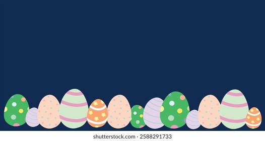 A row of colorful decorated Easter eggs on a dark blue background. Perfect for greeting cards, banners, and festive designs.	
