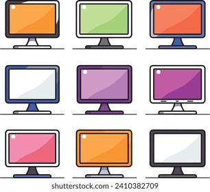 Row of colorful flat design monitors with blank screens. Nine different computer screens with vibrant colors. Graphic design and website development vector illustration.