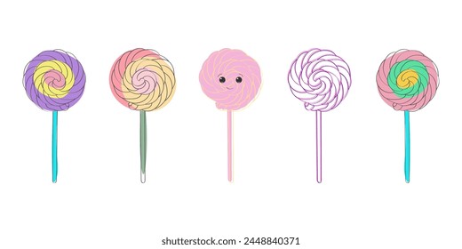 A row of colorful lollipops, each featuring hand-drawn faces on their round candies