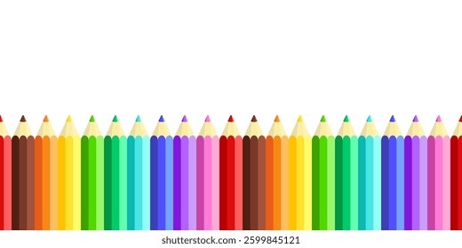 Row of colorful pencils on white background. Vector seamless border with copy space.