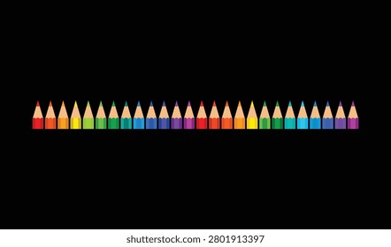 A row of colorful pencils with pointed tips and wooden casings in various hues on black