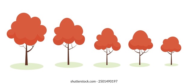 A row of colorful red trees in various sizes on a white background