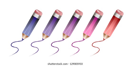 A row of coloured pencils from in shades of blue pink and red. EPS10 vector format