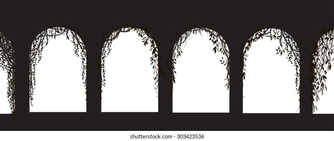 row columns with arch and with curl vines and plant, silhouette, shadows, background