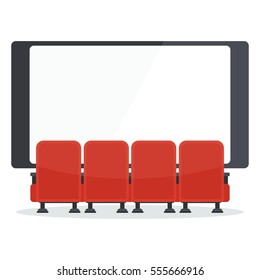 Row of comfortable red sits in front of a cinema screen. Flat vector cartoon illustration. Objects isolated on a white background.