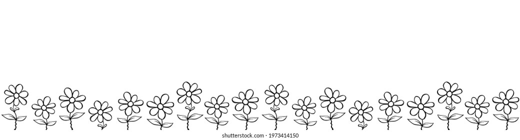 Row of contour flowers in cartoon doodle. Vector hand drawn spring background isolated. Horizontal bottom edging, border, decoration for greeting card, invitation, Valentine's, Women's or Mother day