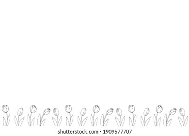 Row of contour tulip flowers. Vector hand drawn spring background isolated. Horizontal bottom edging, border, decoration for greeting card, invitation, Valentine's, Women's or Mother day