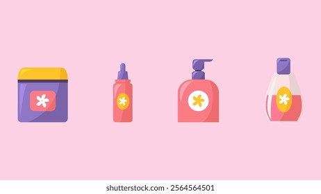A row of cosmetics with a pink background	
