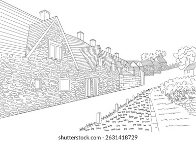 Fileira de Casas do Campo Desenho em linha, ilustração de arte em linha preta e branca representando uma fileira encantadora de casas de pedra tradicionais em um cenário rural. O esboço mostra detalhes arquitetônicos,