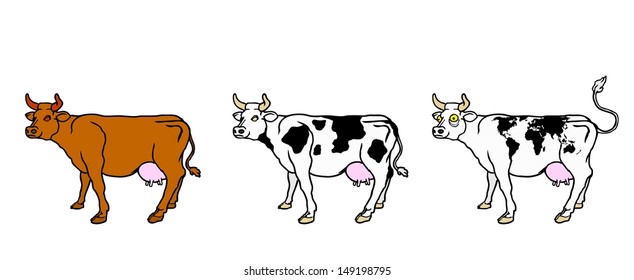 A row of cute cartoon cows with world atlas pattern. 