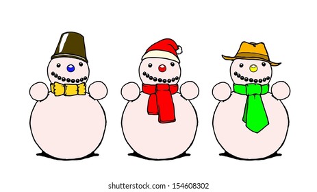 A row of cute cartoon snowman, with funny hats and scarves, isolated against white. 