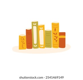 Row of cute colorful books vector illustration isolated on white background. Hand drawn flat cartoon book spines. Beautiful bookshelf with various books