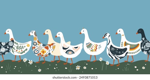 A row of cute geese or ducks with various patterns on their plumage walking in the grass. Seamless pattern