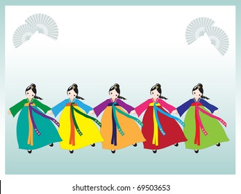 A row of cute Korean girls in national dress. Space for your text. EPS10 vector format.