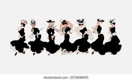 A row of daisies, women in black dress, isolated vector element. Woman drawing cut out vector. Vintage woman art drawing illustration, woman lady female old painting art print illustration.