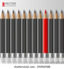 Row of dark grey pencils with one outstanding red pencil metaphor on white background. RGB EPS 10 vector illustration