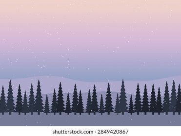 Row of dark pine tree silhouettes along misty lavender peach dawn horizon winter landscape background
