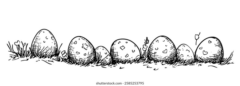 row of decorated easter eggs in grass vector doodle black sketch illustration