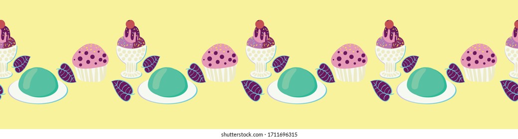 Row of desserts seamless vector border print. Delicious ice cream, yely and cupcakes illustrations. Embellishment for cards, posters and packaging. Can be used as striped pattern.