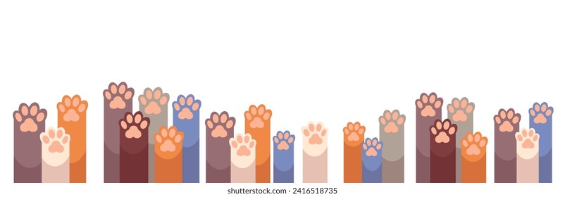 Row of different cat cartoon paws raised up on isolated background. Horizontal banner for pet store in flat design