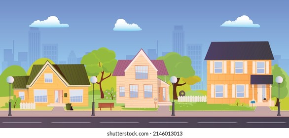 Row of different city houses along the street in flat design style. Street with three classic houses in Suburb of Big City in summer with trees, buildings, lights, road, bench, house exterior.