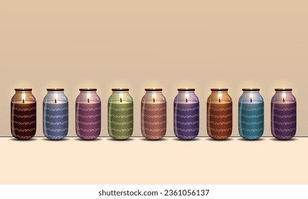 A Row of Different Color Burning Floral Jar Candle Set on Peach Background.