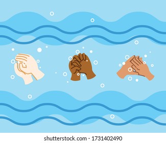 Fila de diferentes manos lavándose con diferentes técnicas de movimiento para la limpieza