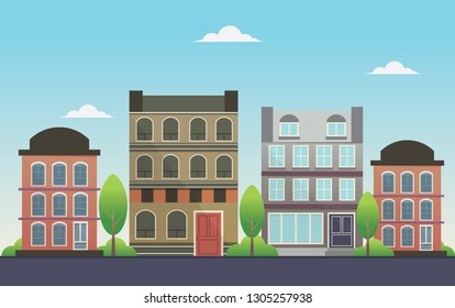 Row of different houses along the street. Home house in flat design style. Colorful residential house. Home, building, house exterior, modern house