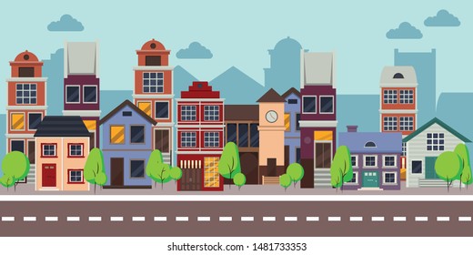 Row of different houses along the street. Spring street. Colorful residential house. Home, building, house exterior, family house, modern house. Flat style vector illustration