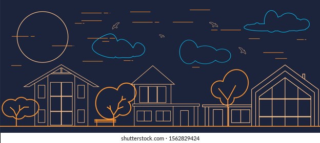 Row of different houses along the street. Home house in thin line design style. Street of large suburban homes. Family modern house