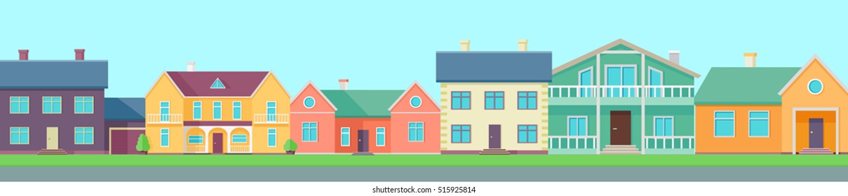 Row of different houses along the street in flat design style. Street of large suburban colorful residential home, building, house exterior