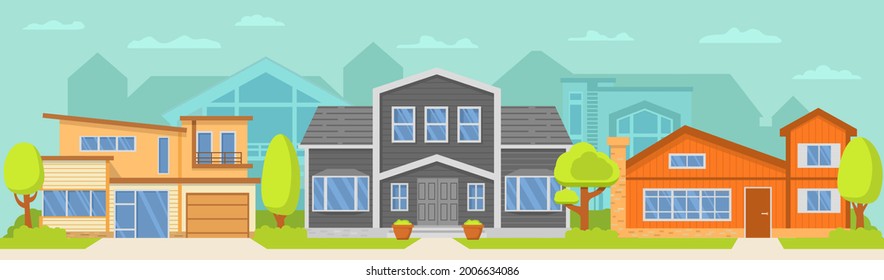 Row of different houses along the street.Neighborhood houses In suburb of city.Home facade.Vector flat illustration.