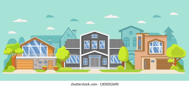 Row of different houses the street. Family home.Home facade. Suburb neighborhood.Cityscape template with suburban houses.City skyline.