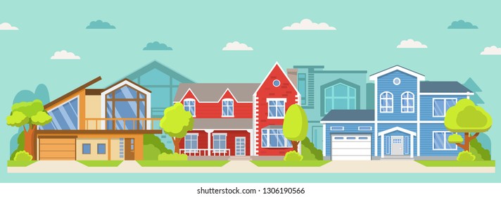 Row of different houses the street. Family home.Home facade. Suburb neighborhood.Cityscape template with suburban houses.City skyline.