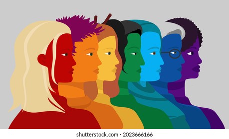 Row of different women profiles colored in rainbow colors. LGBTQ concept. 