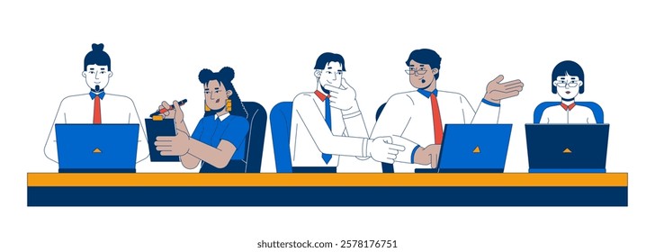 Row of diverse employees brainstorming together at desk 2D cartoon characters. Office workers laptops typing. Team coworkers isolated people flat vector on white background. Spot illustration colorful