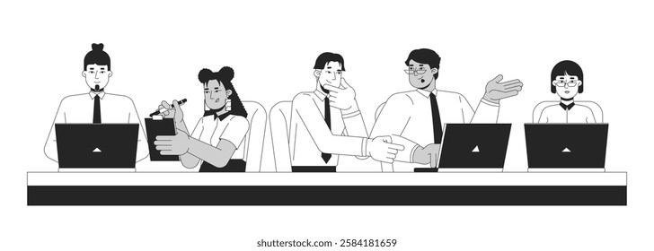 Row of diverse employees brainstorming together at desk black and white 2D line characters. Office workers laptops. Team coworkers isolated vector outline people. Monochromatic spot illustration