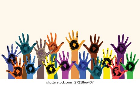 Fileira de diversas mãos humanas pintadas em várias cores brilhantes e levantadas contra um fundo neutro. A imagem simboliza unidade, comunidade, inclusão e colaboração criativa com amplo espaço de cópia acima.