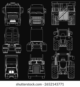 Row of diverse industrial trucks, including a tractor and dump truck, stands out against black background. Each vehicle features unique designs with visible headlights and wheels. Front, back view