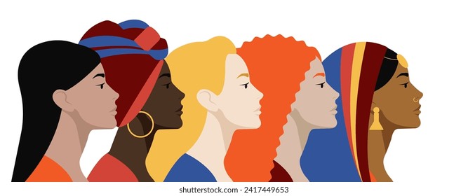 A row of diverse profile portraits of women. Unity, individuality, women union around the world. Each one as a symbol of unique culture. International woman day.