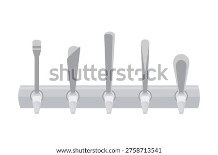 Row of draught beer taps on the bar at a pub or restaurant in silver vector